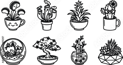 set of cartoon potted plants and cacti in different pots