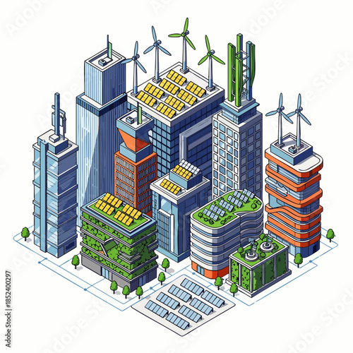 Futuristic eco-friendly city skyline with renewable energy sources like solar panels and wind turbines integrated into modern buildings.