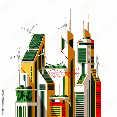 Futuristic eco-friendly cityscape with skyscrapers, wind turbines, and solar panels, representing sustainable urban development and green energy.