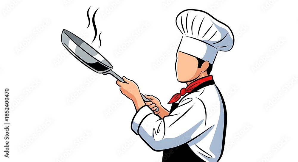 Naklejka premium Chef in Traditional White Uniform and Hat Cooking with Frying Pan in Kitchen