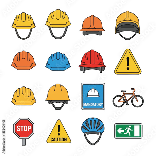 Collection of Safety Helmets and Signs.