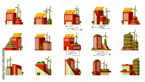 Sustainable Buildings and Eco-Friendly Factories Set. Green Energy Solutions with Solar Panels and Wind Turbines for Modern Smart Cities and Industry.