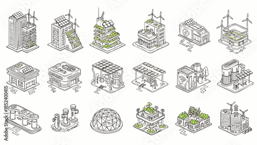 Isometric line art collection of sustainable city buildings. Eco-friendly architecture, smart urban development, renewable energy concepts.
