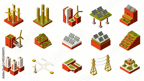 Isometric Green Energy and Sustainable City Icons Set. Eco-Friendly Urban Infrastructure, Solar Panels, Wind Turbines, and Modern Architecture Concepts.