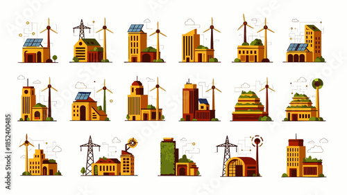 Green City Architecture Illustration Pack: Modern Buildings, Renewable Energy Systems, and Urban Infrastructure for Sustainable Development and Eco-Friendly Living