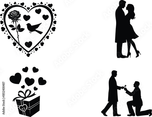 Romantic wedding silhouette collection featuring couples kissing, marriage proposal, dinner dates, and decorative love heart elements isolated on white background