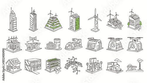 Sustainable City and Green Technology Line Art Collection. Isometric illustrations of eco-friendly buildings, renewable energy, and future urban development.