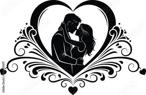 Romantic wedding silhouette collection featuring couples kissing, marriage proposal, dinner dates, and decorative love heart elements isolated on white background