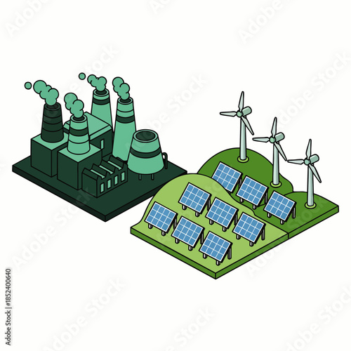 Visualizing the shift from industrial pollution to green energy solutions: factory smokestacks contrasted with wind turbines and solar panels for a sustainable future.