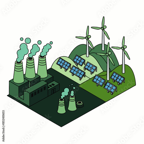 Sustainable energy vs fossil fuels: wind turbines and solar panels contrasted with polluting factory chimneys.