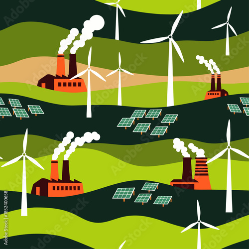 Seamless pattern of renewable energy sources: wind turbines and solar panels contrasted with industrial factories emitting smoke.