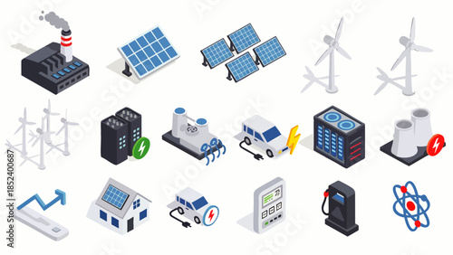 Set of isometric icons representing renewable and alternative energy sources and related technologies