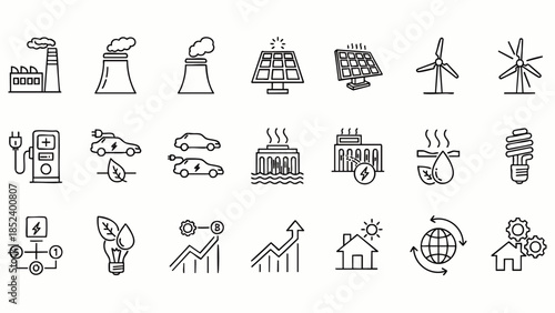 Set of clean energy icons: solar panels, wind turbines, electric cars, and eco-friendly power generation