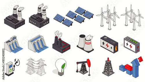 Set of isometric icons representing different energy sources and power generation, including factories, solar panels, wind turbines, and hydroelectric dams.