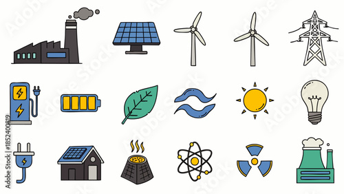 Set of colorful icons representing renewable and non-renewable energy sources and technologies