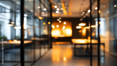 Modern office space with glass partitions and warm lighting. Blurred background