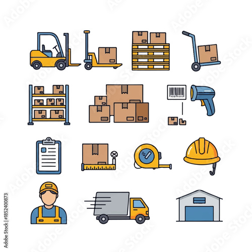 Warehouse Worker Icons with Equipment and Supplies.