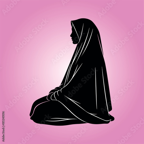 Serene silhouette of a woman in contemplation during Ramadan, kneeling in prayer on a soft pink background