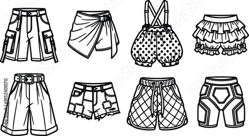 Various styles of shorts for women and men fashion illustration