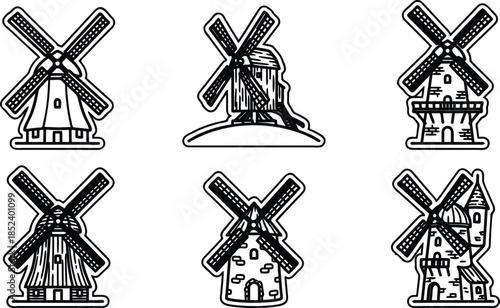vintage windmill illustrations in various styles and designs  traditional european mills