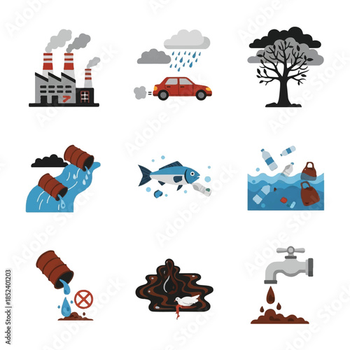 Pollution Icons Representing Environmental Damage.