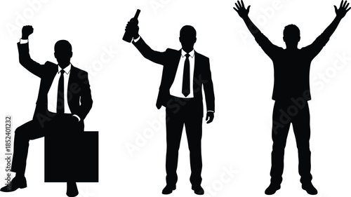 Businessmen silhouette celebrating success, corporate leadership victory concept, confident professional men posing, achievement teamwork motivation isolated vector illustration