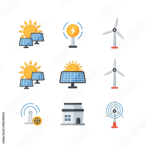 Renewable Energy Icons Solar Panels Wind Turbines.
