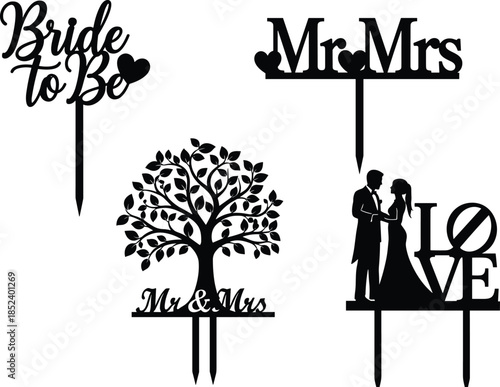 Wedding cake topper silhouette set with bride to be and mr and mrs text for marriage celebration isolated on white background