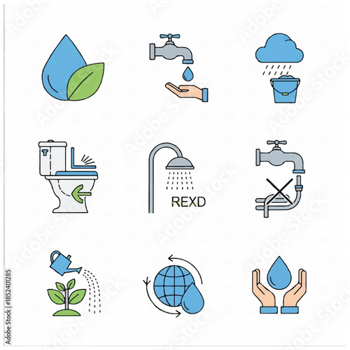 Water Conservation Icons Set for Environmental Awareness.