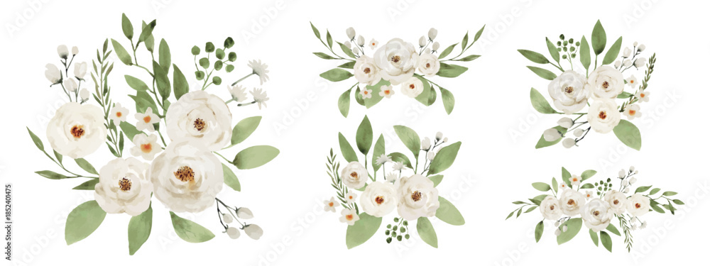 Obraz premium White and Green Watercolor Floral Bouquet Set, Elegant Botanical Collection