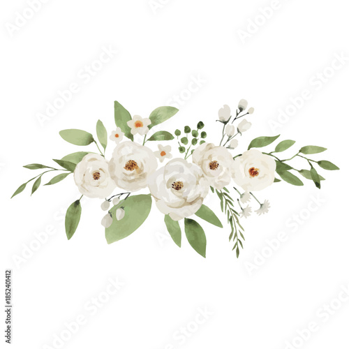 Horizontal White Watercolor Floral Border with Greenery, Elegant Botanical Frame