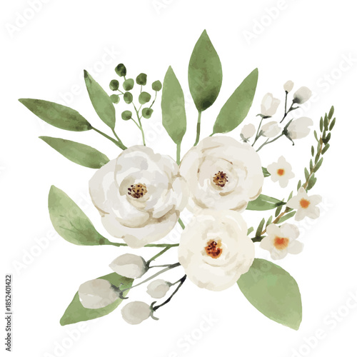 White Watercolor Flower Bouquet with Green Leaves, Fresh Botanical Illustration