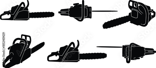 Chainsaw silhouette set, electric chainsaws collection, power tool illustrations, black cutting equipment forestry woodworking industrial machinery isolated icons design vector
