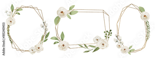 Delicate Watercolor Floral Wreath Set with White Flowers and Green Leaves