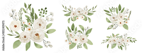 White and Green Watercolor Floral Bouquet Set, Elegant Botanical Collection