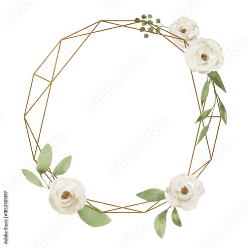Golden Geometric Wreath with White Flowers and Sage Leaves