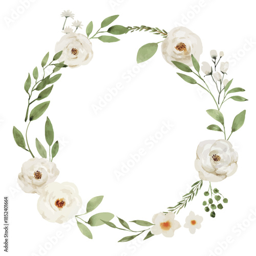Circular Botanical Wreath with White Flowers and Green Leaves