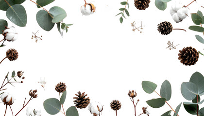 Black background framed by cotton bolls, eucalyptus leaves, and pine cones, creating a natural decorative border