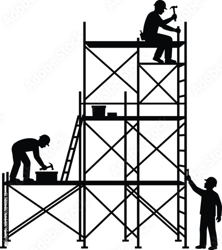 Construction workers silhouette on scaffolding, building teamwork safety concept, laborers working at height, industrial construction site isolated vector illustration