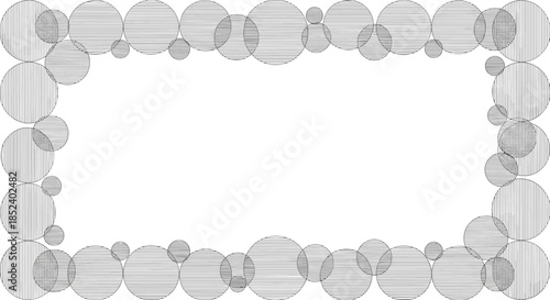An abstract rectangular frame is composed of various sized overlapping circles filled with horizontal and vertical line patterns.
