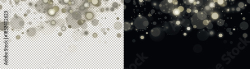 Transparent PNG and Dark Background Display of Golden Bokeh and Glitter Particles.