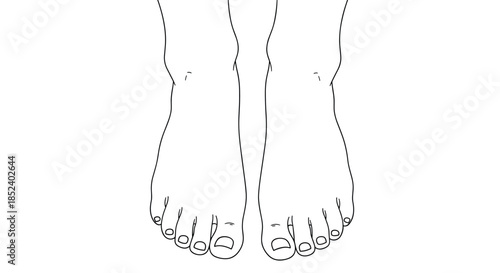 A minimalist black and white line drawing shows a top-down view of a pair of human feet with detailed toes and ankles.