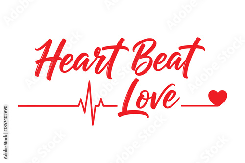 Red heart beat love typography with ecg line and heart symbol vector design for romance and affection