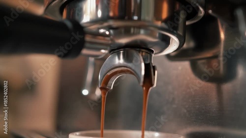 low angle shot of coffee machine extraction in ultra close detail with metallic reflections