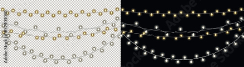 Transparent PNG and Dark Background Display of Golden and Silver String Lights.
