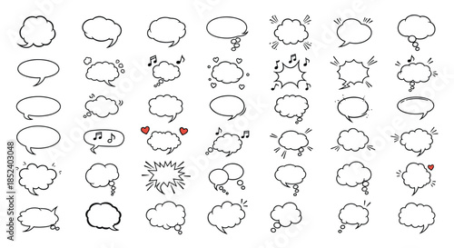 A large and varied collection of hand-drawn speech bubbles and thought clouds in different shapes and styles for communication.