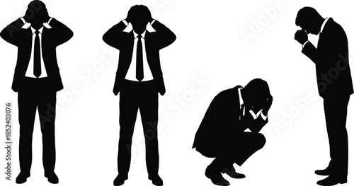 Depressed businessman silhouette set, stressed professional poses, anxiety burnout mental health crisis concept, corporate failure emotions isolated vector illustration design