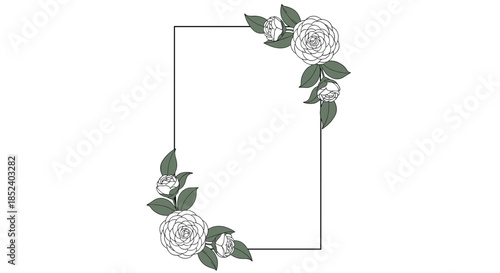 An elegant vertical rectangular frame is gracefully decorated with clusters of white camellia flowers and green leaves in corners.