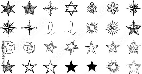 Hand-Drawn Black and White Stars, Starbursts  Compass Rose Vectors - Sketch Doodle Line Art Graphic Design Elements Collection