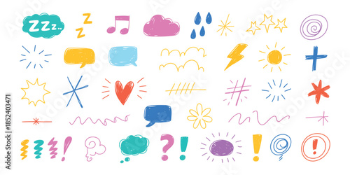 Expression icons with comic emotion elements featuring hand drawn expressive symbols like stars, hearts, sparks, speech bubbles, and exclamation doodles for communication accent vector.